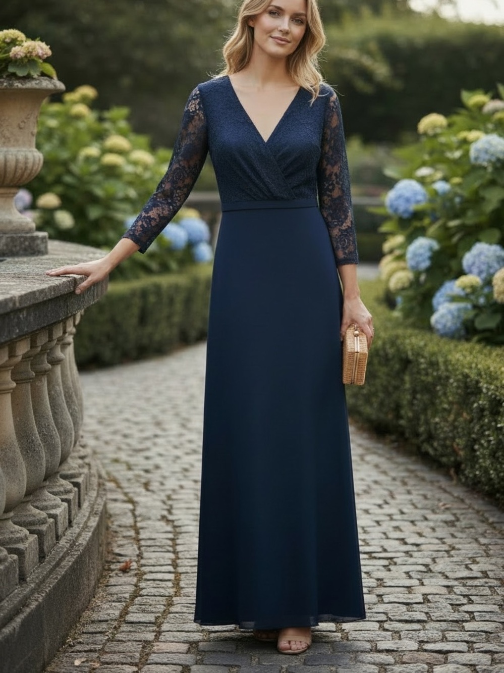 GLAMOUR EMPIRE WAIST FLORAL LACE BODICE MAXI DRESS DARK BLUE SIZE 6P